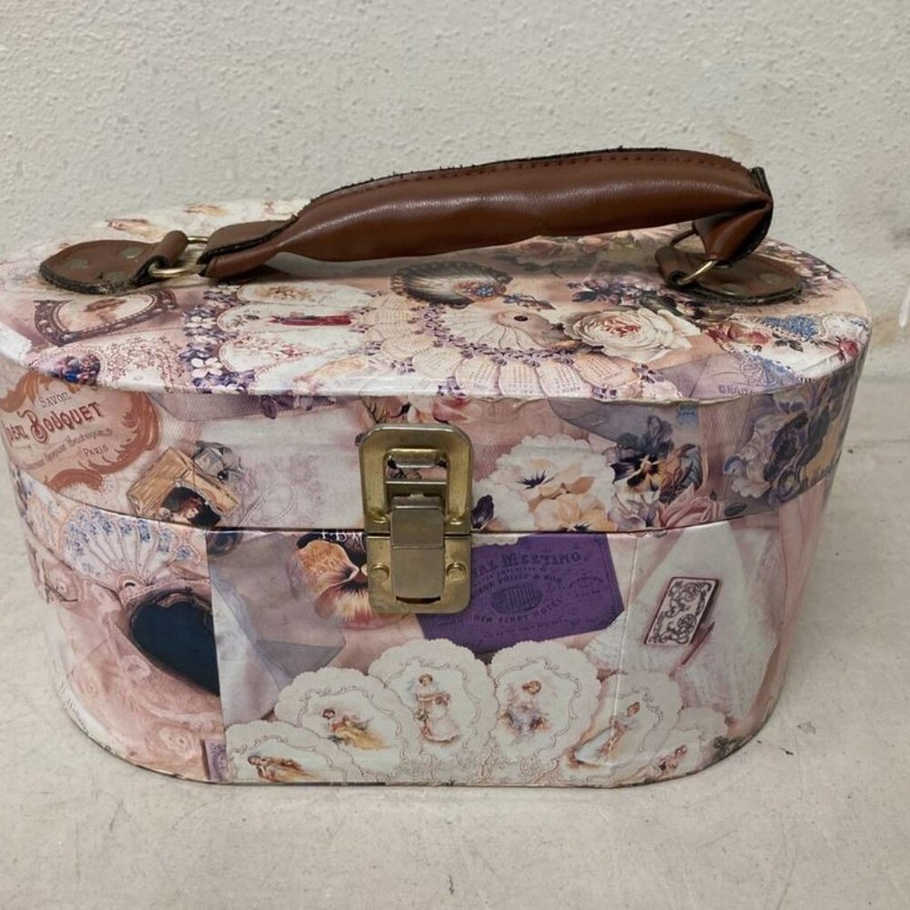 Decoupaged Floral Design Jewelry Makeup Cosmetic Train Case Mirror Storage Box